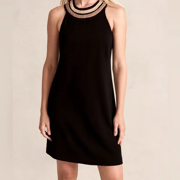 Ann Taylor Black Shift Dress with Metallic Braided Neckline – Size 8P - Picture 2 of 5
